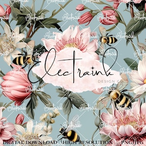 Spring Bees Floral Seamless, Honey Bees Seamless Pattern, Instant Download, Commercial Use, Girl Spring Summer Print, Floral Digital Paper