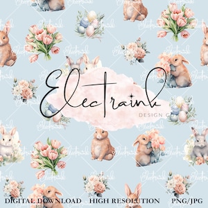 Spring floral bunny, Unlimited Commercial Use, Seamless pattern, Printable Digital Paper, Happy easter, Seamless pattern Instant download