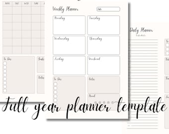 Full year planner template, digital planner, simple instant download, PDF planner