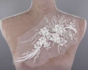 White 3d flower lace applique, beaded dress patch, DIY evening dress decoration, floral lace patch GLT2339Awht