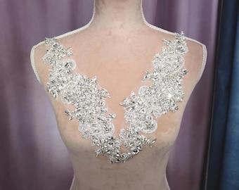 Crystal Rhinestone Applique Pair: Silver Bridal Dress Patch