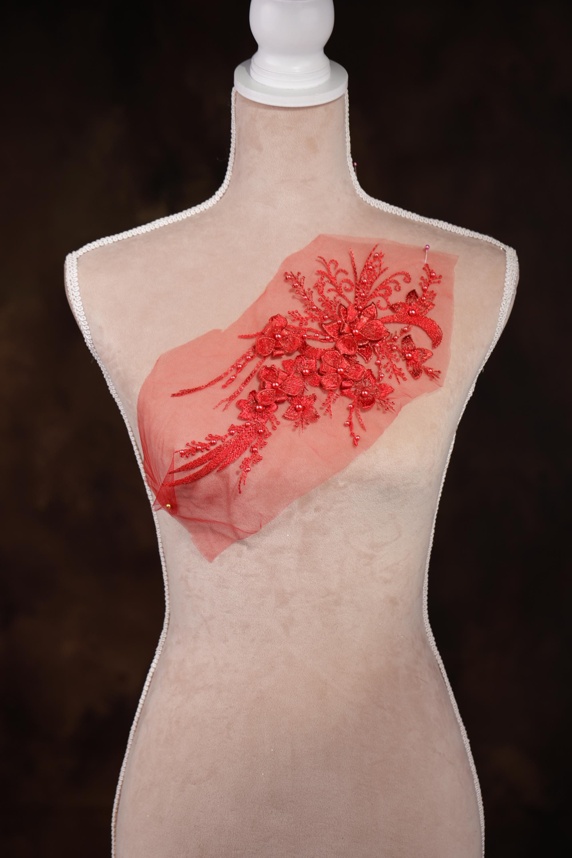 Red 3d Flower Beaded Applique for Lyrical Dance, Ballet 