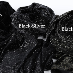 three black fabric swatches with glittery silver and gold accents, each labeled with the color name: Black, Black-Silver, and Black-Gold.
