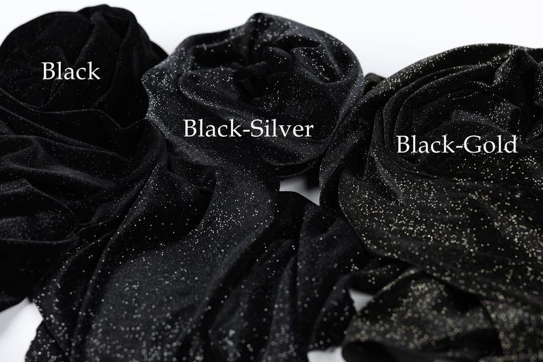 three black fabric swatches with glittery silver and gold accents, each labeled with the color name: Black, Black-Silver, and Black-Gold.