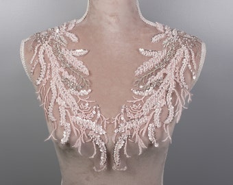 Light pink sequined lace applique, DIY dress decoration, beaded lace patch, floral lace pair AJC0602lpk