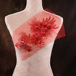 Red Embroidered 3d Floral Applique for Lyrical Dance, Ballet, Illusion Gowns, Costumes GLT2569Ared