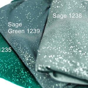 three fabric swatches with different colors and sparkles, labeled with their names.