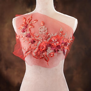 Red Beaded 3d Flower Applique for Lyrical Dance, Ballet, Illusion Gowns, Costumes GLT2374Ared