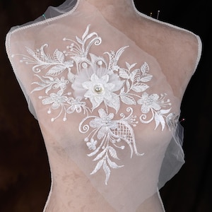 White 3D Flower Beaded Lace Applique: Bridal, Dance Costume (11x7.5 inch)