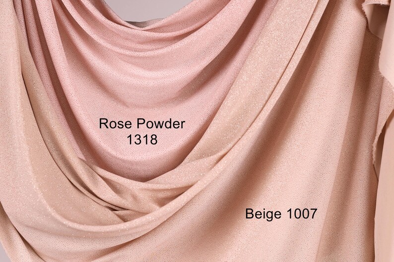 two fabric swatches, one with a rose powder color and the other with a beige color. The text labels the swatches as "Rose Powder 1318" and "Beige 1007".