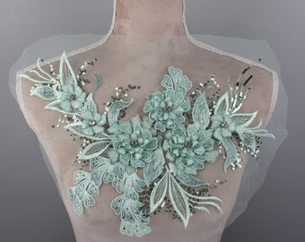 Light green embroidered lace applique, DIY costume decoration, sequined 3d flower dress patch, floral lace patch GLT2483Algrn