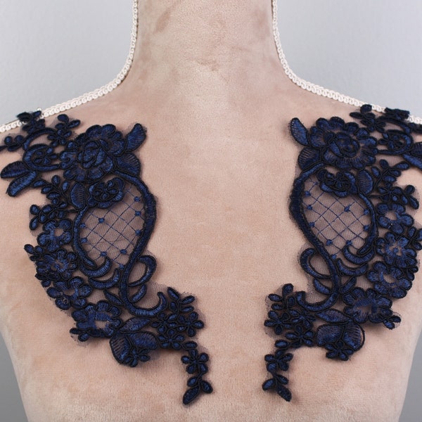 Navy blue lace applique, flower lace patch, DIY clothing accessories, floral lace pair AJC0902n