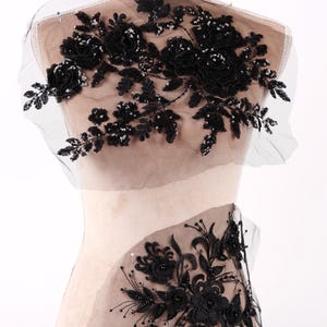 Large Black Floral Lace Applique, Embroidered Tulle Motif for Dresses & Costumes