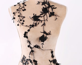 Black Iron-On Floral Lace Appliques, Hot Fix Embroidered Branches for Dresses