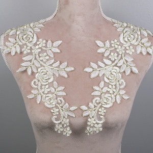 Ivory Gold Flower Lace Applique Pair: Embroidered Costume Embellishment