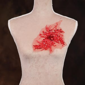 Puede incluir: Aplicación floral roja con lentejuelas y cuentas, exhibida en un maniquí. La aplicación está hecha de una tela roja clara y transparente y presenta un diseño detallado y texturizado. El fondo es marrón oscuro.
