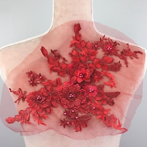 Burgundy 3D Flower Applique: Beaded Rhinestone Lace (14x11 inches)
