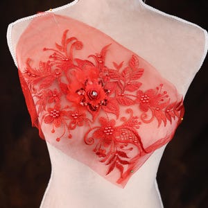 Red 3d Flower Beaded Applique for Lyrical Dance, Ballet, Illusion Gowns, Costumes GLT2526Ared