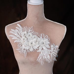 3D Flower Embroidered Applique: White Lace with Beads & Stones