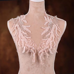 May include: A delicate, blush-coloured lace applique with a feather-like design. The applique is adorned with small, sparkling beads and sequins.