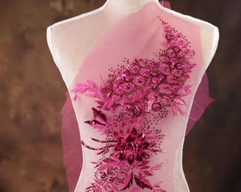 Rose Pink Sequined 3d Flower Applique for Lyrical Dance, Ballet, Illusion Gowns, Costumes GLT2390Arred