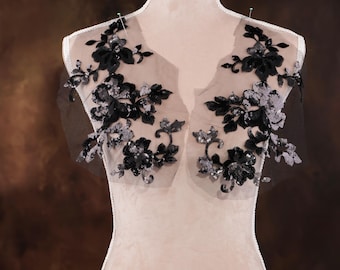 Black Sequined Applique Pair for Lyrical Dance, Ballet, Illusion Gowns, Costumes GLT2564Ablck