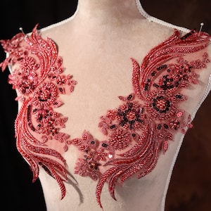 Burgundy 3D Floral Applique Pair: Beaded Sequin Lace