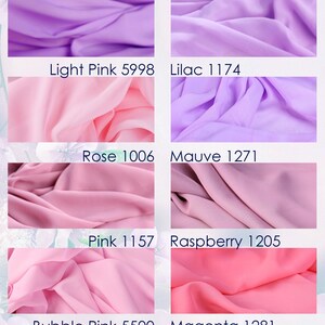 a collection of fabric swatches in various shades of purple, including dark purple, light purple, and lavender. The swatches are arranged in a grid format, with each row representing a different color and each column representing a different shade. The swatches are labeled with their respective names, such as "Dark Purple 1660", "Lilac 1173", "Light Pink 5998", and "Raspberry 1205".