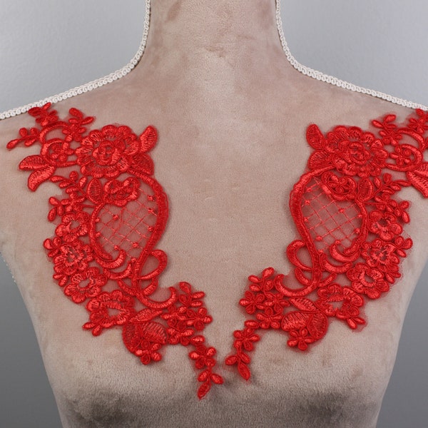 Red lace applique, flower lace patch, DIY clothing accessories, floral lace pair AJC0902r