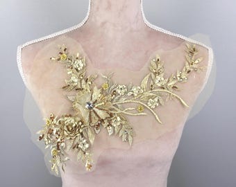 Gold Sequined 3D Flower Applique: Rhinestone Costume Embellishment