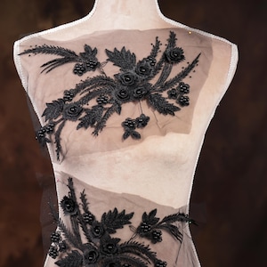Black 3D Flower Rhinestone Applique Pair: Embroidered Lace Costume Embellishment