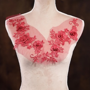 Burgundy Embroidered 3d Flower Applique Pair for Lyrical Dance, Ballet, Illusion Gowns, Costumes GLT20410burg