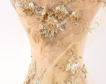 Antique Gold & Ivory Floral Lace Appliques, Elegant 3D Embroidery – 5 Styles