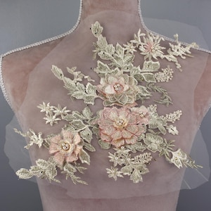 3D Floral Applique: Light Yellow Embroidered Lace with Beads & Rhinestones