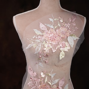 Pink 3d Floral Embroidered Applique Pair for Lyrical Dance, Ballet, Illusion Gowns, Costumes GLT2271Apnk
