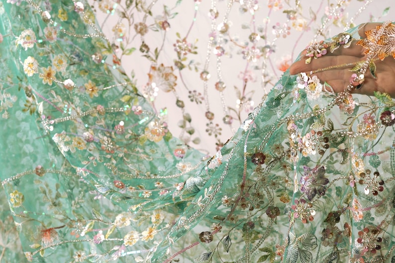 a close-up view of a hand holding a piece of fabric with a floral pattern. The fabric appears to be a light green material with a variety of colorful flowers and leaves, creating a visually appealing and intricate design.