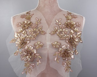 Pink gold sequined lace applique, handcut 3d flower dress patch, DIY costume decoration, floral lace patch GLT2574Aun2