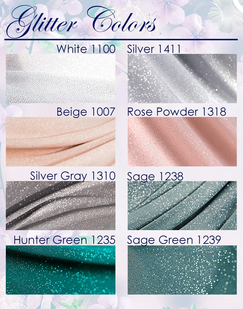 a collection of fabric swatches with various glitter colors, including white, silver, beige, rose powder, silver gray, and green.