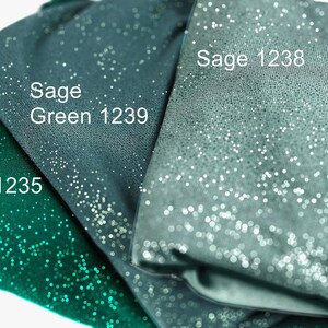 three fabric swatches with different colors and sparkles, labeled with their names.