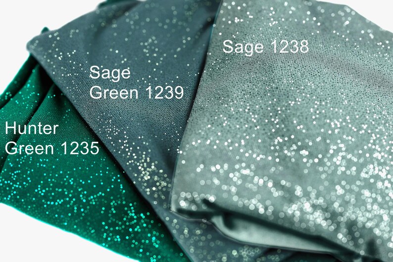 three fabric swatches with different colors and sparkles, labeled with their names.