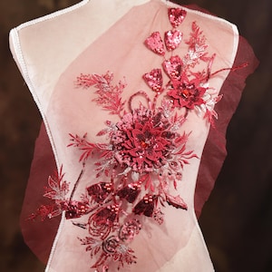 Burgundy 3D Flower Applique: Sequined Rhinestone Lace (17x10 inch)