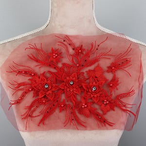 Red 3d Flower Beaded Applique for Lyrical Dance, Ballet, Illusion Gowns, Costumes GLT2626Ared