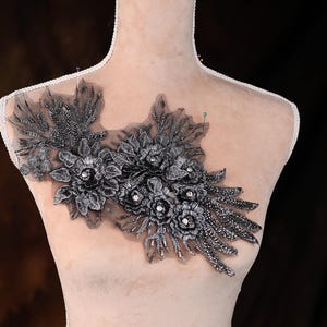 Black 3D Flower Embroidered Applique: Beaded Costume Embellishment