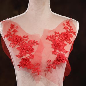Red Embroidered 3d Flower Applique Pair for Lyrical Dance, Ballet, Illusion Gowns, Costumes GLT20410red