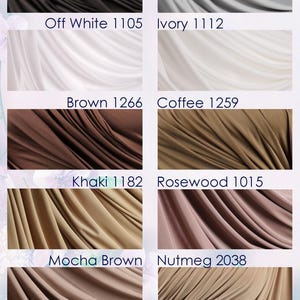 a collection of fabric swatches in various colors, including black, silver, white, brown, coffee, kaki, rosewood, mocha, nutmeg, tan, and champagne.