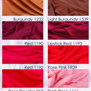a collection of fabric swatches in various colors, including rust, orange, brown, burgundy, light burgundy, red, lipstick red, rose pink, peach, and pink.