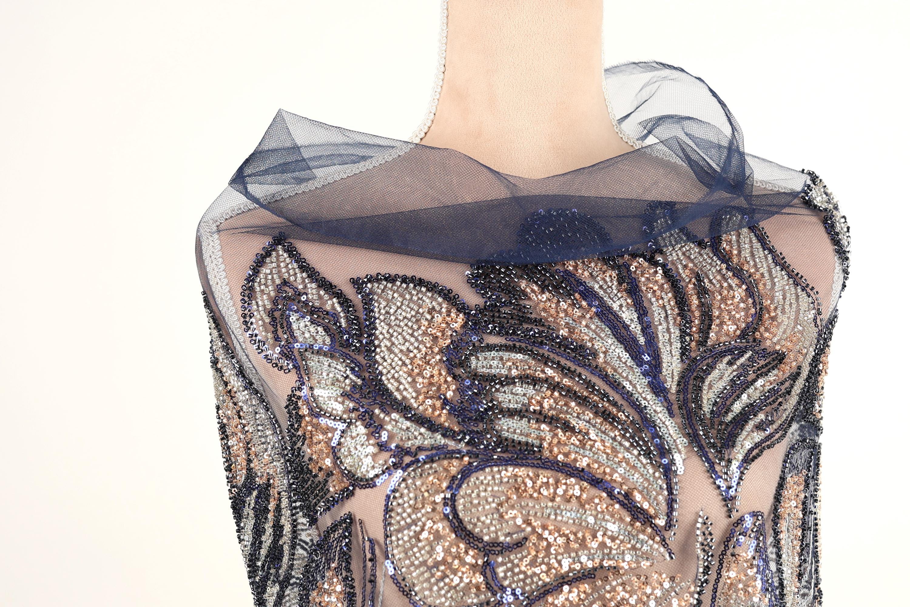 Navy Blue Sequin Lace Fabric by the Yard, Beaded Embroidered Lace - Etsy
