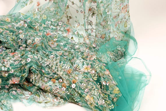 Turquoise Floral Sequin Tulle Lace Fabric for Prom Gown and Cape