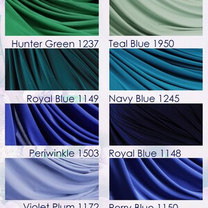 a collection of fabric swatches in various colors, including olive, green, blue, and purple.