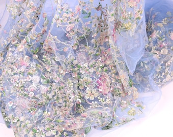 Beaded Light Blue Floral Lace Fabric with Embroidered Details – Blue